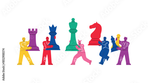People holding colorful chess pieces against a white background.