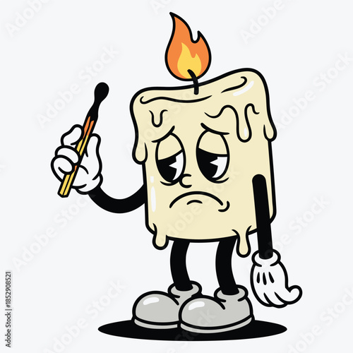 Sad Retro Cartoon Candle Holding Burnt Match Illustration
