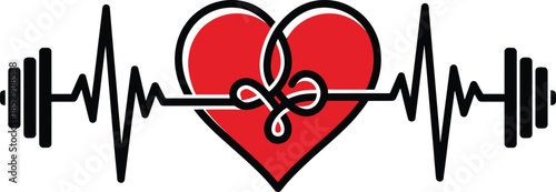 Minimalist design of a heartbeat line connecting a heart and dumbbells for fitness motivation