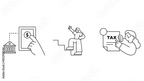 Illustrations depict financial concepts like banking, career advancement, and taxes.