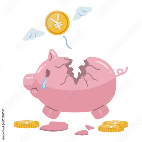 割れた豚の貯金箱と、エンマークが書かれたコインのイラスト