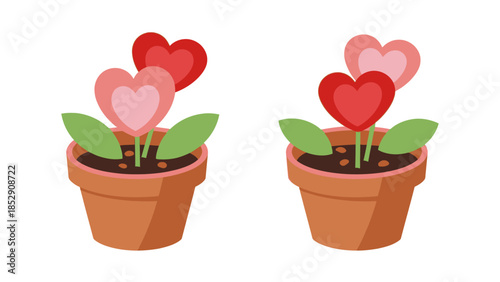 Cute potted heart plants illustration, symbolizing love and growth, perfect for Valentine's Day celebrations
