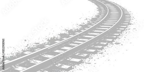 Grayscale illustration of a curving railway track with a grunge effect