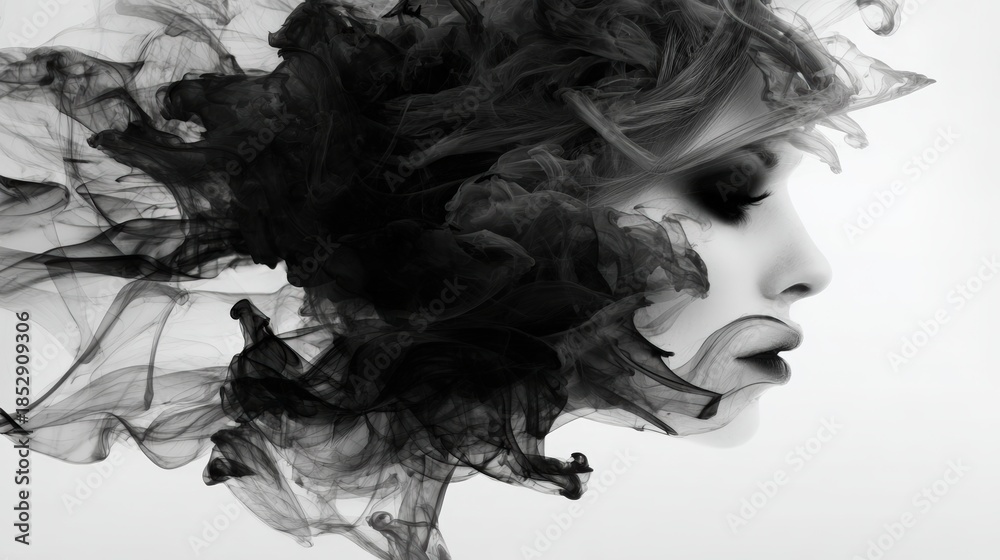 Fototapeta premium A stunning black and white portrait featuring a profile of a woman's face intertwined with swirling smoke, perfect for themes of mystery, creativity, or fashion in advertising and artistic projects,