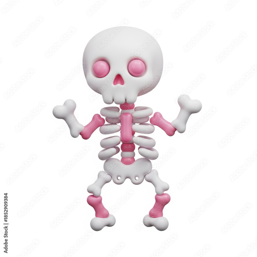 Fototapeta premium A 3D skeleton with pink accents stands against a white background