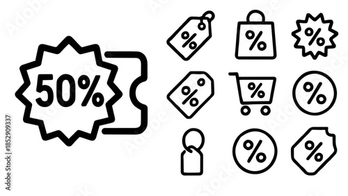 Discount and Sale Icon Set, 50% Off Coupon, Shopping Tag and Promo Labels Vector