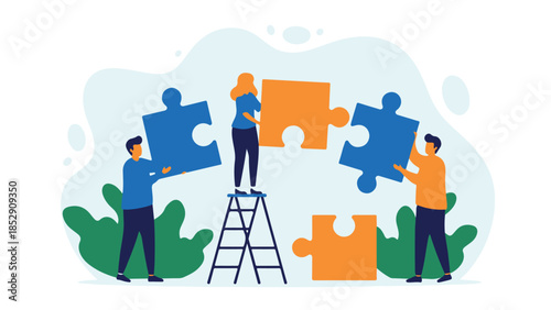  usiness People Working Together to Assemble a Large Jigsaw Puzzle, Illustrating Concepts of Teamwork and Problem Solving.