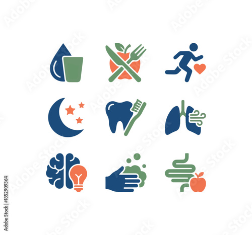 Health and wellness icons representing various concepts for design