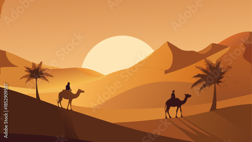 Desert oasis with mosque and travelers at sunset