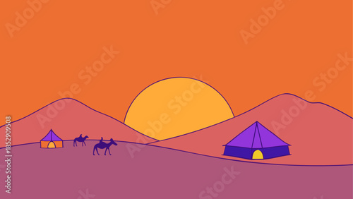 Desert oasis with mosque and travelers at sunset