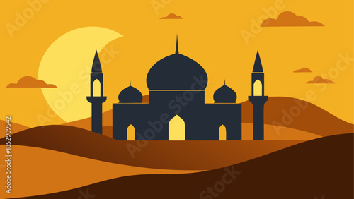 Desert oasis with mosque and travelers at sunset