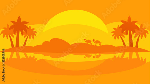 Desert oasis with mosque and travelers at sunset