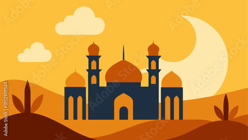 Desert oasis with mosque and travelers at sunset