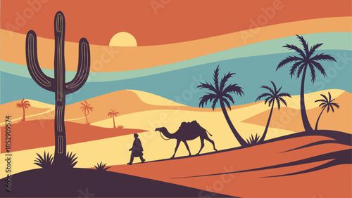 Desert oasis with mosque and travelers at sunset