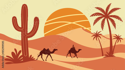 Desert oasis with mosque and travelers at sunset