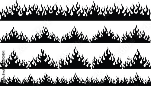 Black fire flame border silhouettes vector set with burning edge patterns isolated on white background