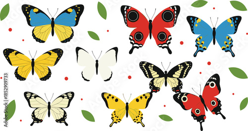 Colorful butterfly vector illustration set with detailed wings flying insects leaves and decorative nature elements