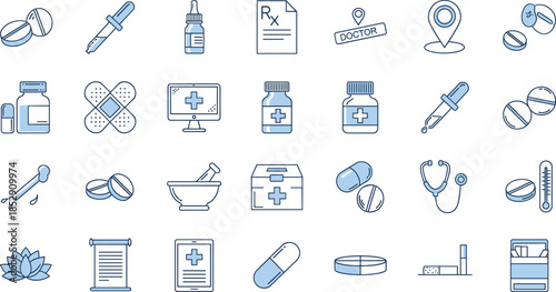 Set of flat blue line medical icons isolated on white background featuring pills medicine bottles stethoscopes thermometers band aids and healthcare clinic symbols