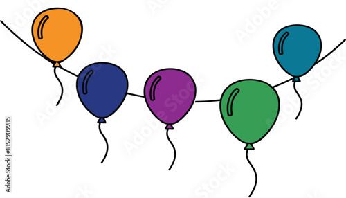 A colorful string of balloons tied together on a white background for celebration