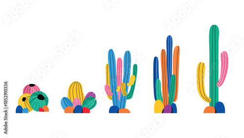 A collection of colorful, stylized cacti and succulents in a row.