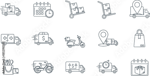 Set of thin line delivery and shipping icons isolated on white background featuring delivery trucks scooters calendar with clock food bags and packages