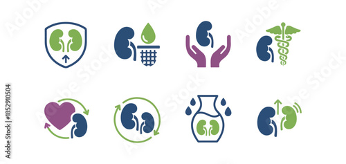 Kidney health and medical icons set on black background