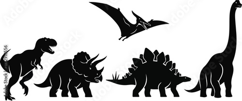 A black silhouette pack of various dinosaurs including a T-Rex, Triceratops, Stegosaurus, Pteranodon, and Giraffatitan on a white background. Great for educational materials, presentations,