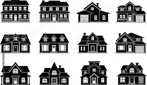 Residential House Silhouette Vector Icon Set, Modern and Traditional Family Home Architecture, Real Estate, Cottage, Duplex, and Townhouse Collection, Black and White.