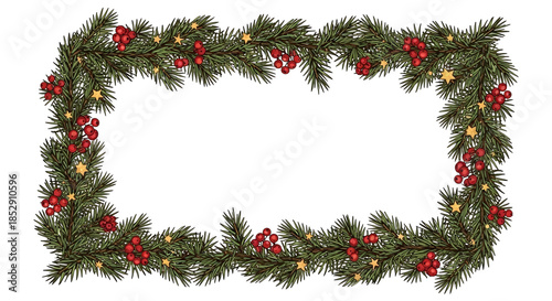 Festive pine garland with berries isolated on transparent background