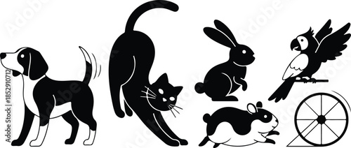 Collection of animal silhouette pack featuring dog, cat, rabbit, bird, and guinea pig on white background. Perfect for graphic resources, illustrations, and educational materials.