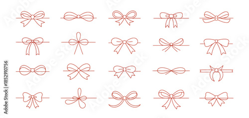 Doodle Gift Bow Vector Set With Simple Red Bows, String And Knot Details, Minimalist Line Art Style For Christmas Celebration, Coquette Holiday Decoration And Festive Packaging