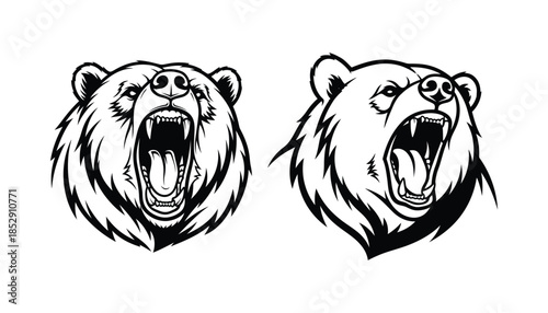 Two fierce bear heads roaring in unison facing forward and sideways
