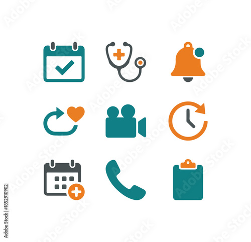 Medical icons calendar stethoscope bell heart video clock clipboard phone