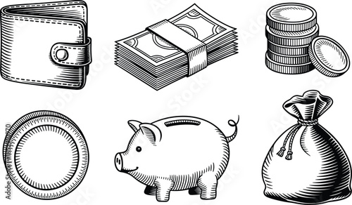 Money and Savings Line Illustration Set with Wallet Cash Coins Piggy Bank and Money Bag Black and White Vector