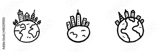 Earth With Buildings Line Icon Set In Doodle Style. Urbanization, Global Cities, And Environmental Impact Outline Sketch Collection. Hand Drawn Isolated Vector Illustration