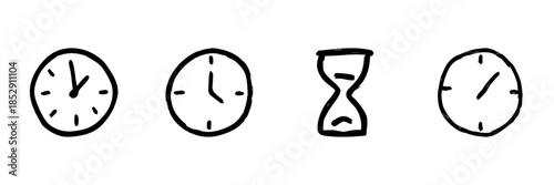 Clock And Hourglass Line Icon Set In Doodle Style. Time Management, Scheduling, And Deadline Tracking Outline Sketch Collection. Hand Drawn Isolated Vector Illustration