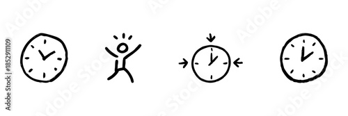 Clocks And Stick Figure Line Icon Set In Doodle Style. Time Management, Stress Relief, And Productivity Outline Sketch Collection. Hand Drawn Isolated Vector Illustration