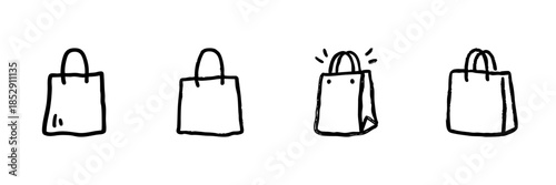 Shopping Bag Line Icon Set In Doodle Style. Retail, E-Commerce, And Consumer Goods Outline Sketch Collection. Hand Drawn Isolated Vector Illustration
