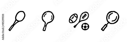 Tennis And Table Tennis Equipment Line Icon Set In Doodle Style. Sports Gear And Recreation Outline Sketch Collection. Hand Drawn Isolated Vector Illustration