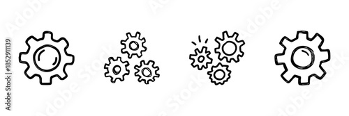 Gears And Cogs Line Icon Set In Doodle Style. Mechanical Engineering, Process Optimization, And System Configuration Outline Sketch Collection. Hand Drawn Isolated Vector Illustration
