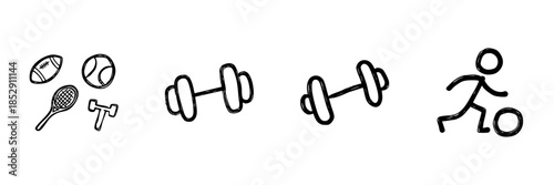Sports Equipment And Fitness Activity Line Icon Set In Doodle Style. Athletic Training, Exercise, And Physical Activity Outline Sketch Collection. Hand Drawn Isolated Vector Illustration