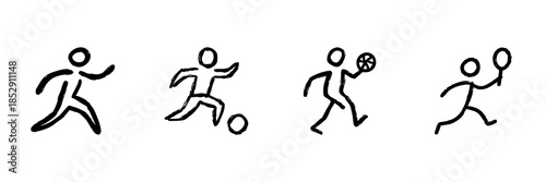 Stick Figure Sports Activities Line Icon Set In Doodle Style. Running, Soccer, Basketball, And Tennis Outline Sketch Collection. Hand Drawn Isolated Vector Illustration