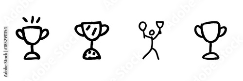 Trophy And Achievement Celebration Line Icon Set In Doodle Style. Victory, Success, And Award Recognition Outline Sketch Collection. Hand Drawn Isolated Vector Illustration