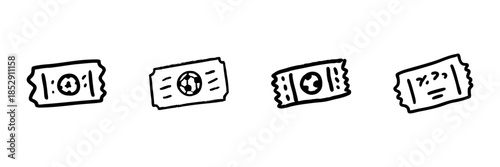 Event Tickets Line Icon Set In Doodle Style. Sports And Entertainment Admission Outline Sketch Collection. Hand Drawn Isolated Vector Illustration
