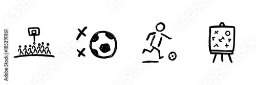 Basketball And Soccer Strategy Line Icon Set In Doodle Style. Team Sports, Game Planning, And Coaching Outline Sketch Collection. Athletic Training. Hand Drawn Isolated Vector Illustration