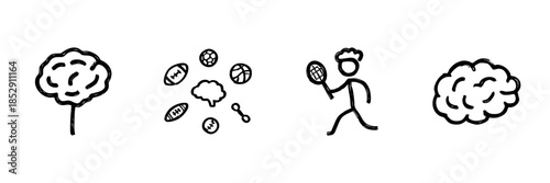 Brain And Sports Activity Line Icon Set In Doodle Style. Cognitive Enhancement And Physical Exercise Connection Outline Sketch Collection. Hand Drawn Isolated Vector Illustration