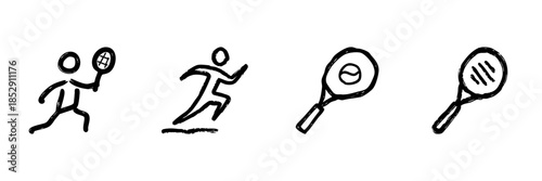 Tennis And Running Sports Line Icon Set In Doodle Style. Athletic Activity, Fitness, And Recreation Outline Sketch Collection. Hand Drawn Isolated Vector Illustration