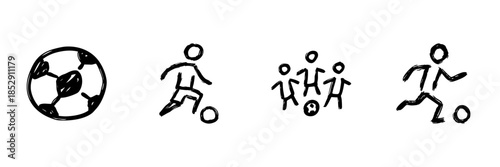 Soccer And Team Sports Line Icon Set In Doodle Style. Football Game, Player Action, And Teamwork Outline Sketch Collection. Athletic Activity And Sportsmanship. Hand Drawn Vector Illustration