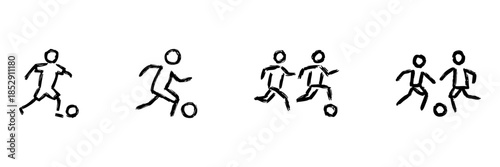 Soccer Players Dribbling Line Icon Set In Doodle Style. Football Action, Teamwork, And Sportsmanship Outline Sketch Collection. Hand Drawn Isolated Vector Illustration
