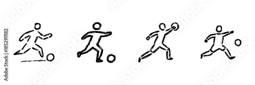 Soccer Player Actions Line Icon Set In Doodle Style. Football Dribbling, Passing, Throwing, And Kicking Outline Sketch Collection. Hand Drawn Isolated Vector Illustration